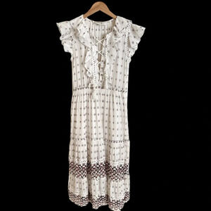 Sea New York Size 4 White Lace Up Printed Midi Dress Crochet Lace Ruffle Sleeve